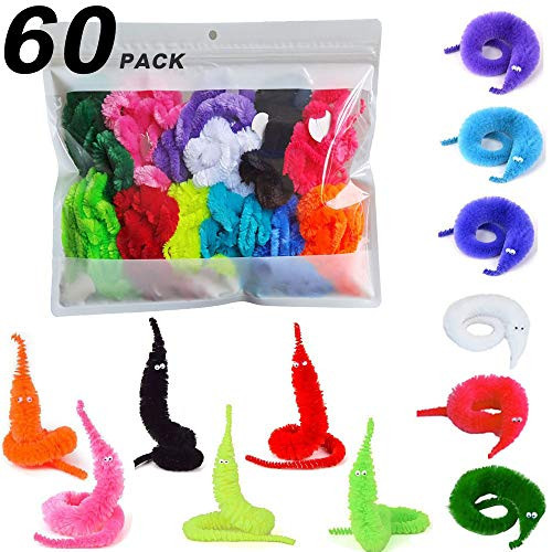 60 Pcs Magic Twisty Worm Wiggly Twisty Fuzzy Worms on a String Magic Worm Toys for Party Supplies,12 Colors