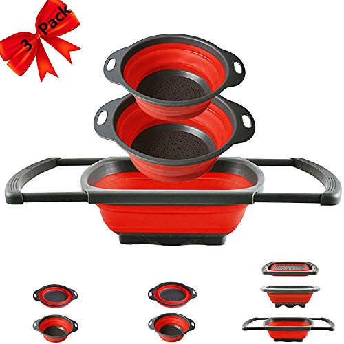 Collapsible Colander Set, 3 Pack Colander with Handles 2Qt & 4Qt & 6Qt, Strainers and Colanders Collapsible Silicone for Vegetables, Fruits, Pasta Draining, Silicone Kitchen Strainer