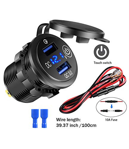 Quick Charge 3.0 Dual USB Car Socket with Touch Switch and LED Digital Voltmeter, Waterproof 36W 12V/24V Fast Charger Socket with 3.3ft Wire 10A Fuse for Marine, Boat, Motorcycle, Truck and More
