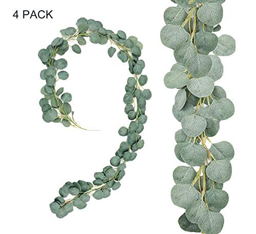 MiraiLife Artificial Eucalyptus Garland Faux Silver Dollar Eucalyptus Leaves Vines Garland Greenery Table Runner Wedding Backdrop Arch Wall Decor (4 Pack)