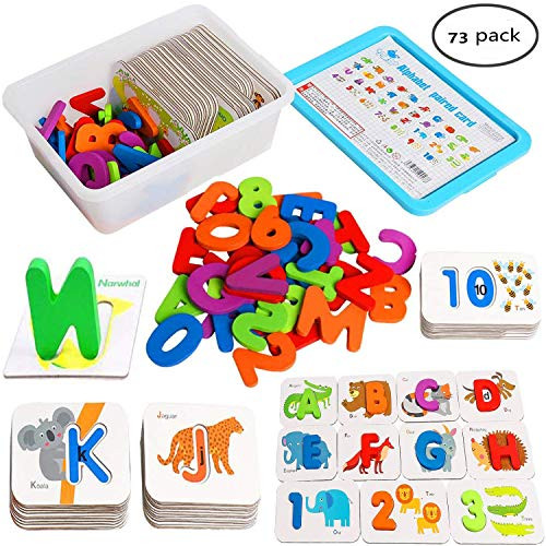 73pcs Numbers and Alphabets Flash Cards Set, ABC Wooden Letters and Jigsaw Numbers Animal Flashcards, Preschool Learning Educational Montessori Toys Gift for Toddlers Age 3+ Preschool.