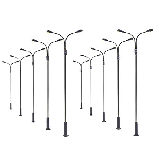 Iceyon 10pcs 1:100 Scale Model Railway Train Lamp Post Street White Lights LEDs Miniature Scenery Layout (Double Head)
