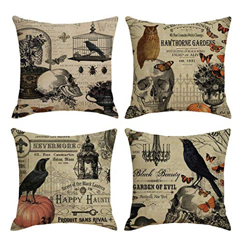 PSDWETS Happly Halloween Decorations Crow Skull and Pumpkin Pillow Covers Set of 4 Home Decor Cotton Linen Throw Pillow Covers Cushion Cover 18 X 18