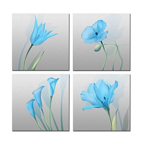 Kreative Arts Canvas Set of 4 Wall Art Blue Flickering Flowers Modern Gallery Wrapped GreyTeal Floral Pictures on Canvas Prints Artwork for Living Room Bedroom Office Home Decorations (16x16inchx4pcs)