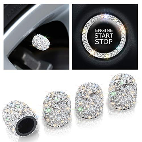Otostar 4 Pack Valve Stem Caps Universal Bling Car Accessories Crystal Tire Valve Caps for Vehicle Bicycle Bonus Bling Engine Start Button Decoration (Silver)