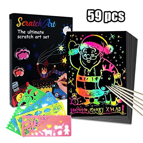 Scratch Art Paper for Kids, 59 Pcs Magic Rainbow Kid Crafts Paper Supplies Kits Scratch Off Paper Set, Black Scratch Crafts Art Notes Boards Best Gift and DIY Art Set for Birthday and Christmas