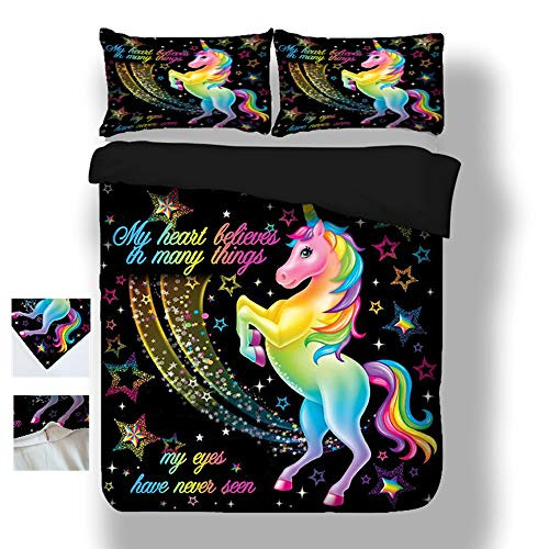 HJS Star Rainbow Unicorn Bedding Sets Pillows Case with Duvet Cover Bed Comforter Sets Twin Size Black 3 Pieces (2 Pillowcases, 1 Duvet Cover, No Comforter Inside)