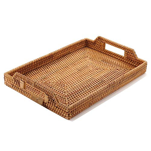 YANGQIHOME Hand-Woven Rattan Serving Tray with Handles for Breakfast, Drinks, Snack for Dining/Coffee Table (14.5 inch (37 cm), Rectangular)