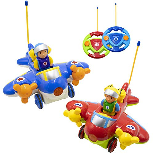 Hautton RC Cartoon Toy Race Car, 2 Pcs 2-Channel Remote Control Airplane Electric Radio Toy Vehicle with Removable Pilot, Music and Lights, Educational Learning Toys for Toddlers, Baby, Kids, Children