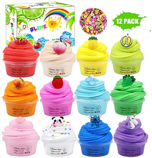 12 Pack Fruit Slime Kit, Butter Slime with Scent,Super Soft and Non-Sticky DIY Sludge Mud Toy and Stress Relief Toys for Kids, Separate Packing.