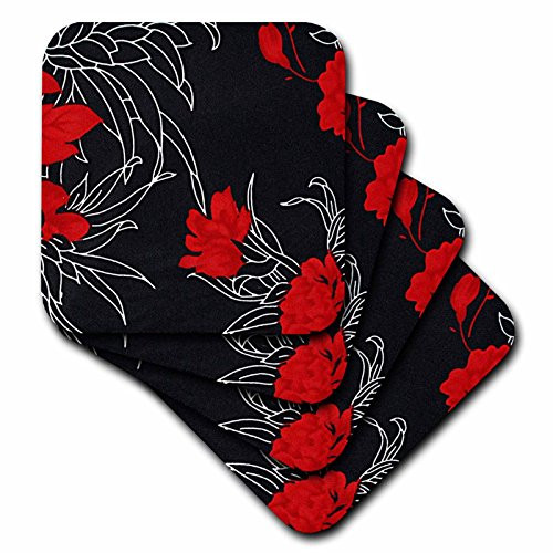 3dRose LLC cst_11085_4 Red Flowers on Black Ceramic Tile Coasters, Set of 8