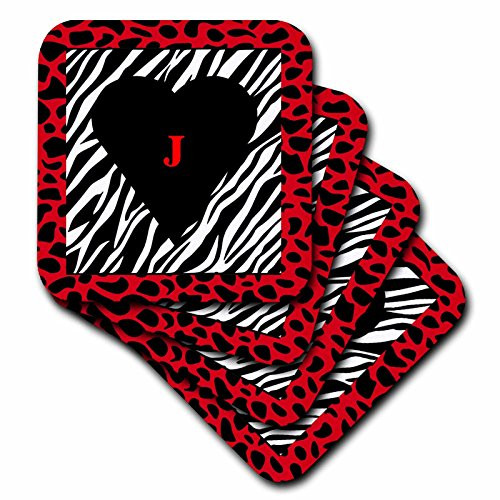 3dRose CST_62070_1 Red Letter J on Black Heart Inside Zebra Print Soft Coasters, Set of 4
