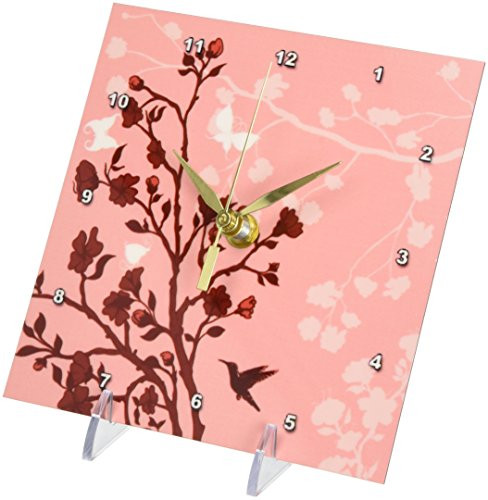 3dRose dc_78451_1 Red on Red Cherry Blossoms with a Hummingbird and Butterflies Desk Clock, 6 by 6-Inch