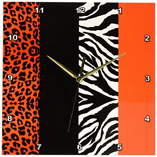 3dRose DPP_35438_2 Red, Black, Orange and White Animal Print Leopard and Zebra Wall Clock, 13 by 13-Inch