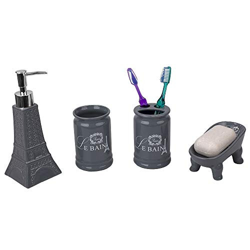 Home Basics, Grey Le Bain Paris Eiffel Tower 4 Piece Designer Ceramic Bath Accessory Set | Toothbrush Holder, Dispenser, Soap Dish, 1 Tumbler