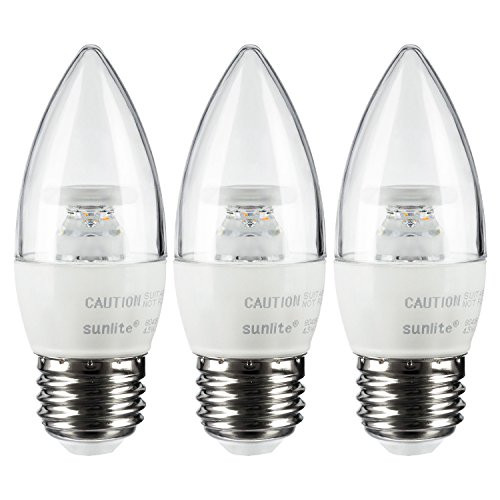 Sunlite ETC/LED/5W/E26/CL/D/ES/27K/3PK Dimmable Energy Star 2700K Medium Base Warm White LED Chandelier Torpedo Tip 5W Light Bulb (3 Pack), Clear