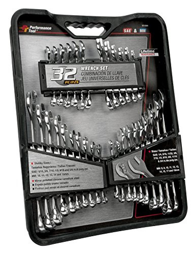 Performance Tool W1099 SAE and Metric Set | Premium Mirror Polished Chrome Vanadium Steel| Large Size Organizer Tray| Stubby & Standard Combination Wrenches | 32pc set