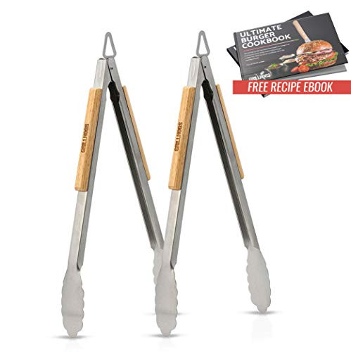 GRILLHOGS Barbecue Grill Tongs, 16 Inch 2 Pack, Best Metal Kitchen Tongs for Cooking and Grill Accessories, Stainless Steel + Oak Wood BBQ Tongs