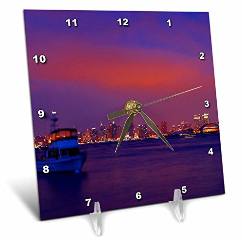 3dRose LLC San Diego Skyline Sunset 6 by 6-Inch Desk Clock