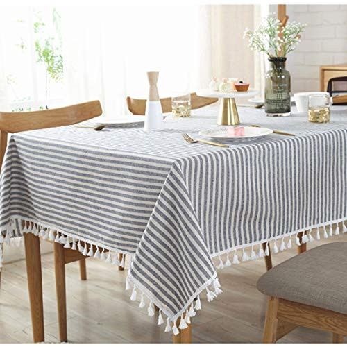Sandweek Stripe Tassel Tablecloth Cotton Linen Dust-Proof Table Cover for Kitchen Dinning Tabletop Decoration (Rectangle/Oblong, 55 x 87 Inch, Blue)