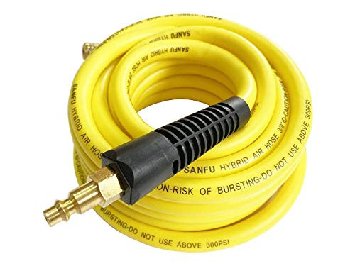 SANFU Hybrid PVC/Rubber 3/8ID x 25ft, 300PSI Durable, Lightweight, Air Compressor Hose with 1/4 Immovable Industrial Quick Brass Coupler Fittings and Plug, Bend Restrictors, Yellow(25)