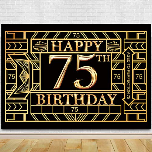 75th Birthday Photography Backdrop - Great Gatsby Seventy-Five Birthday Photography Background  75th Birthday Black Gold Party Decoration