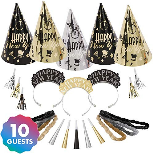 Amscan Midnight Party New Year's Party Kit for 10, Includes Cone Hats and Glitter Tiaras