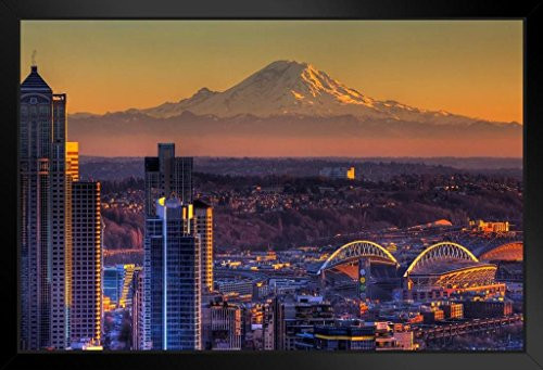 Seattle Washington Skyline with Mount Rainier Photo Black Wood Framed Art Poster 20x14