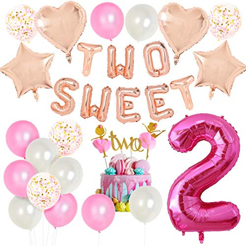 2nd Birthday Decorations for Girls, TWO SWEET Number 2 Foil Balloon, Dancing Girl Cake Toppers, Confetti Balloons for Second Birthday Party Supplies