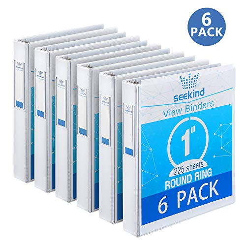 3 Ring Binder 1 Inch, SEEKIND View Binders White, Holds Up to 8.5"11" Paper, 1 inch White 3 Ring Binder with Clear Front Pocket and Spine Pocket for School, Home and Office Supply, 6 Pack