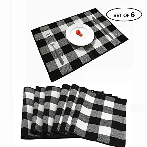 SEEKSEE Set of 6 Placemats, Cotton Buffalo Check Plaid Placemats Black and White Plaid Woven Tablemats Washable Heat Resistant Non-Slip Table Mats for Dining Table