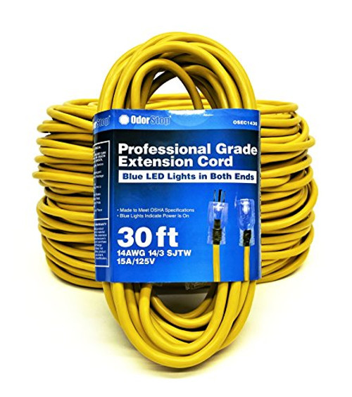 OdorStop OSEC1430 - 30' Yellow 14/3 SJTW Professional Grade Extension Cord with Blue LED Lights on Both Ends