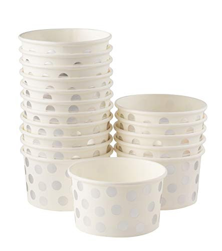 Ice Cream Sundae Cups - 50-Piece Disposable Paper Dessert Ice Cream Yogurt Bowls Party Supplies, Silver Foil Polka Dots Design, 8-Ounce, White