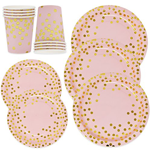 Pink and Gold Dot Party Supplies Set for 50 Guest Gold Metallic Foil Dots on Pink 50 9" Paper Dinner Plates 50 7" Dessert Plate 50 9 oz Cups for Baby Shower Birthday Disposable Dinnerware