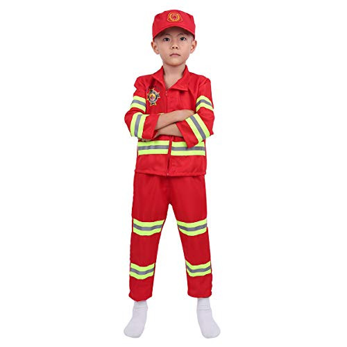 winying Kids Boys Girls 3PCS Firefighter Costume Long Sleeves Jacket with Pants Hat Fireman Pretend Outfit Set Red 7-8