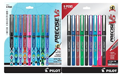 PILOT Precise V5 Deco Collection Rolling Ball Pens, Extra Fine Point, 9-Pack, Assorted Colors (38811) + Pilot Precise V5 Stick Rolling Ball Pens, Extra Fine Point, 9-Pack, Assorted Color Inks Bundle