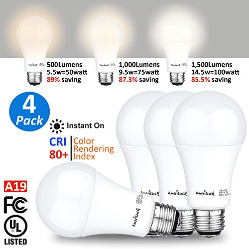 AmeriLuck 3-Way LED Light Bulbs 500/1000/1500Lumens 40/60/100W Equivalent 5000K/Daylight CRI 80+, 5.5/9.0/14.5W Omni-Directional A19 Low-Medium-High (Daylight/5000K, 4 Pack)