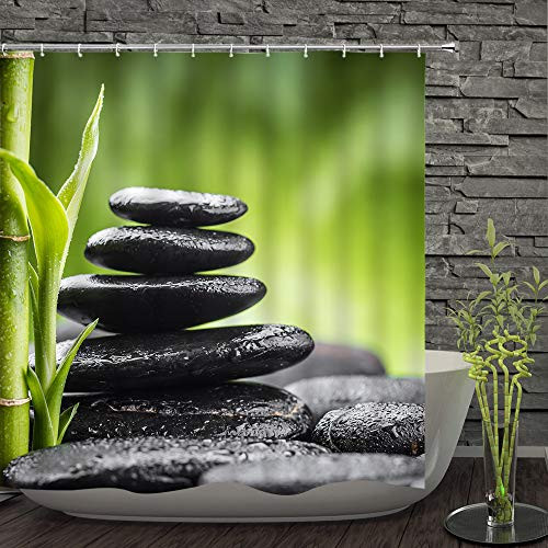 TJZ HOME Meditation and Picture of Bamboo Stalks and Basalt Stones Theraphy Relaxing Shower Curtains Fabric Elegant Relax Green Graphite Color Polyester Cloth Print Bathroom Curtains
