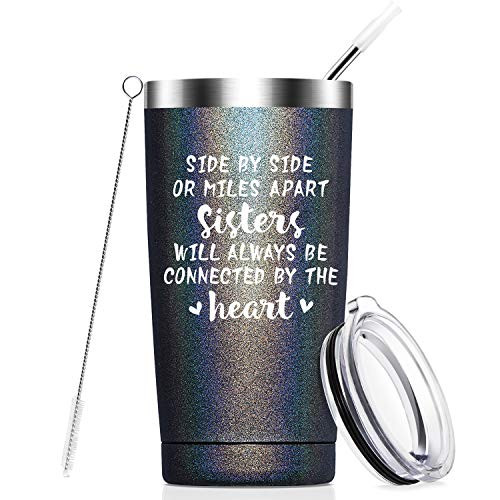 Side by Side or Miles Apart Sisters, Best Sister Gifts from Sister, Funny Birthday Gifts Ideas for Women, Big Little Sister, Best Friend, Soul Sister, Bestie - 20 oz Mug Tumbler with Straw - Black