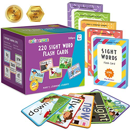 SpringFlower Sight Words Flash Cards with Pictures/Motioss&Sentences, 220 Dolch Sight Words for Preschool, Kindergarten, 1st, 2nd & 3rd Grade.Homeschool, Learn to Read, Phonics Learning,235 Pieces