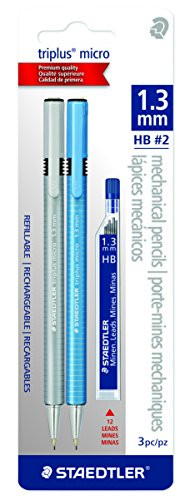 Staedtler triplus micro 1.3mm Lead Retractable Mechanical Pencil with Twist Eraser, 6 refills, 2-Pack, 77413SBKA6, Model: 77413SBKA6ST