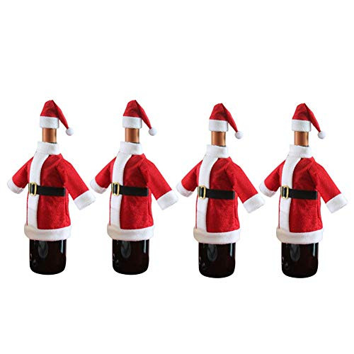 Katahomie Santa Coat and Hat Wine Bottle Cover For All Standard 750ml Wine Bottles, Christmas Themed Santa Suit and Hat Design Pack of 4