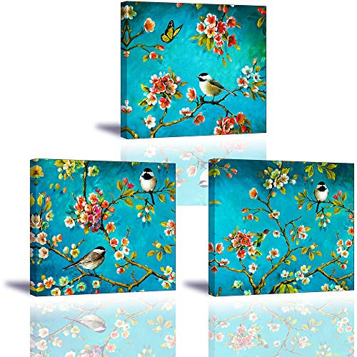 Spring Flowers Canvas Wall Art, SZ 3 Piece Birds on Blossom Branches Picture Canvas Prints, Modern Turquoise/Teal Floral Oil Paintings Reproduction for Bedroom, Ready to Hang, 1" Deep, Waterproof