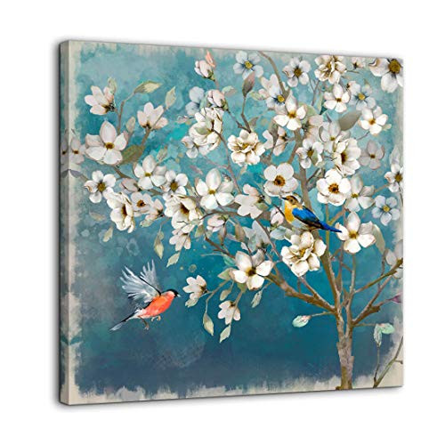 Canvas Wall Art Flower Bird Wall Decor for Bedroom Bathroom Framed Artwork for Walls Modern Wall Decorations prints picture for Kitchen Home Decor Size 14x14 Painting of White Flowers Tree Green Back