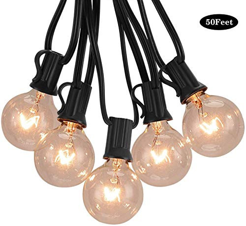 G40 Globe String Lights with Clear Bulbs, Decorative Lights 50 Ft/Black Free New Bulb Replacement Explore String Lights for Fences Patio Porch Backyard Deck Bistro Gazebos Pergolas Balcony Wedding