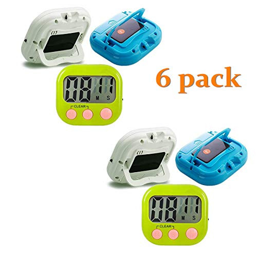 6 Pack Digital Kitchen Timer, Cooking Timer, Loud Alarm, Large Display, Strong Magnet Back, ON/OFF Switch And Count up Countdown Timers for Kids Baking Exercise Game ( 2 White and 2 Green and 2 Blue)
