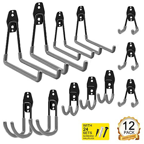 SJEhome Garage 12-Pack Hooks Garage Storage Utility Hooks Steel Tool Organizers Heavy Duty Wall Hooks for Power Tools, Ladders, Bikes, Garden Hoses and Bulk Items?Grey?