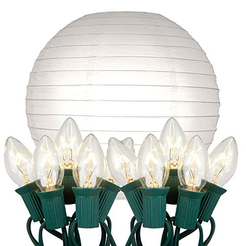 LumaBase 24010 10 Count Electric String Lights with Paper Lanterns, 10", White