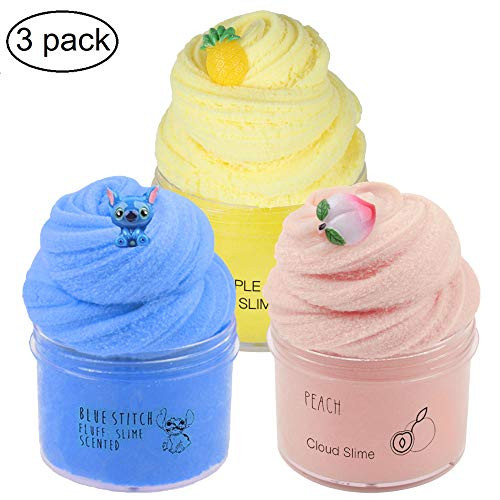 JXSLED 3 Pack Cloud Slime Kit, with Yellow Color Pineapple Slime, Peach Slime and Stitch Slime, Super Soft, Birthday Gifts for Girls and Boys