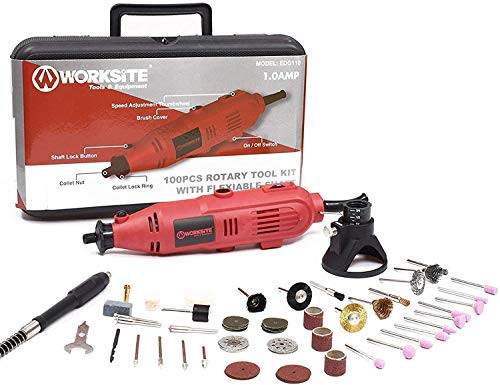 Worksite Rotary Tool Kit Variable 7 Speed For Polishing, Cutting, Sculpturing with 100 Piece All-Purpose Rotary Accessory Kit, Flex Shaft and Stand?EDG110-Red?